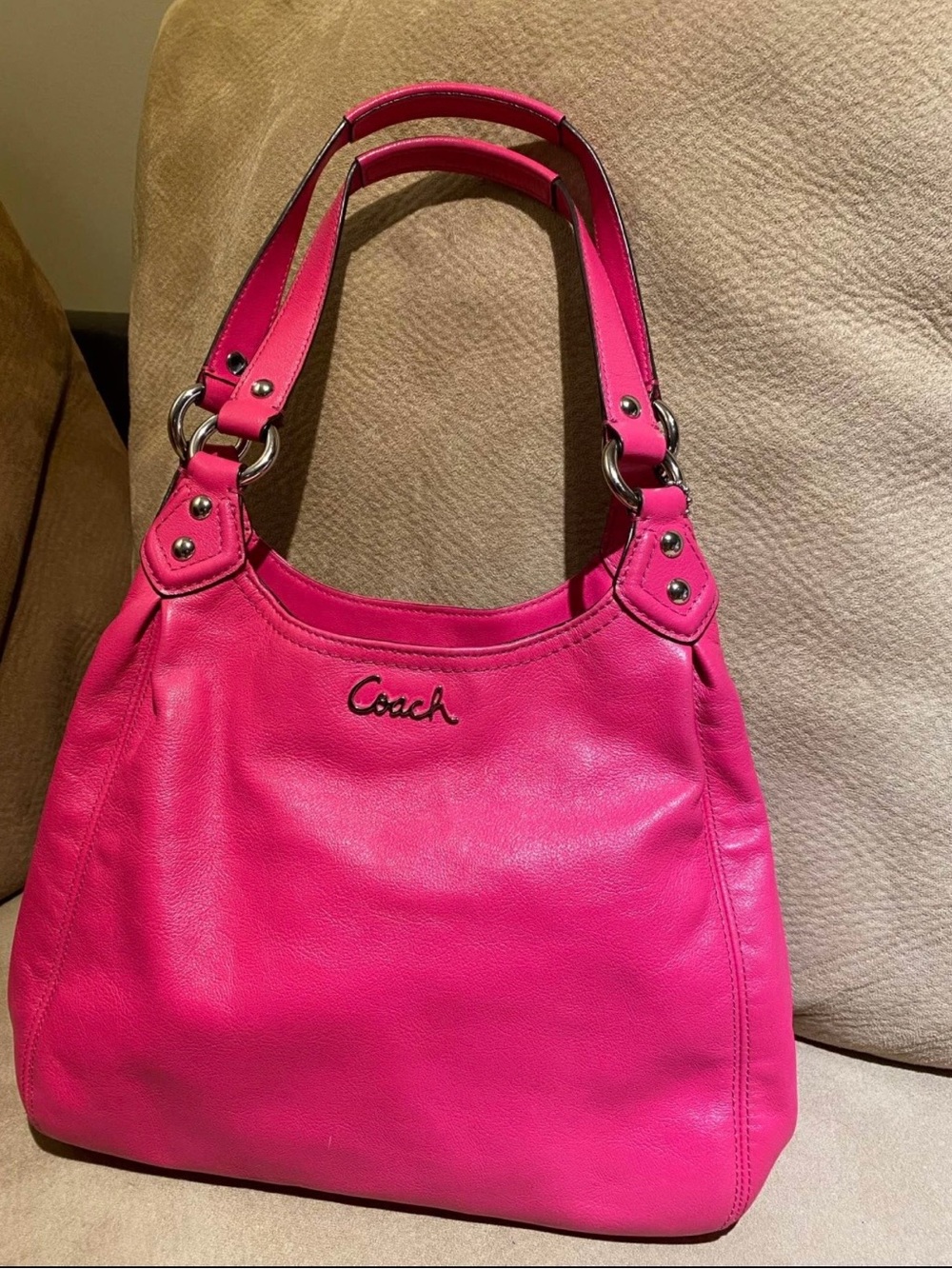Coach Hot Pink Leather Shoulder Bag with Double Straps
